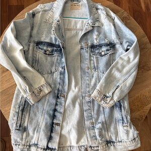 We The Free Long and Lean destroyed denim trucker jacket